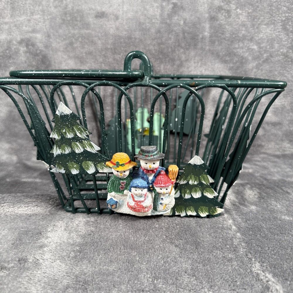 Dennis East Intl Green Wire Basket With Trees & Snowmen Christmas Holiday Winter